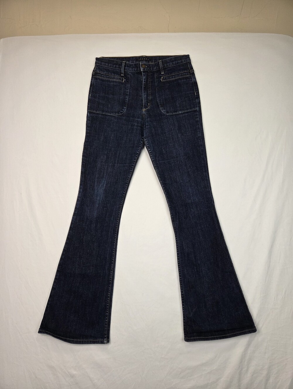 Theory Women's Dark Wash High Rise Flare Bootcut Jeans Size 29 Distressed Hem